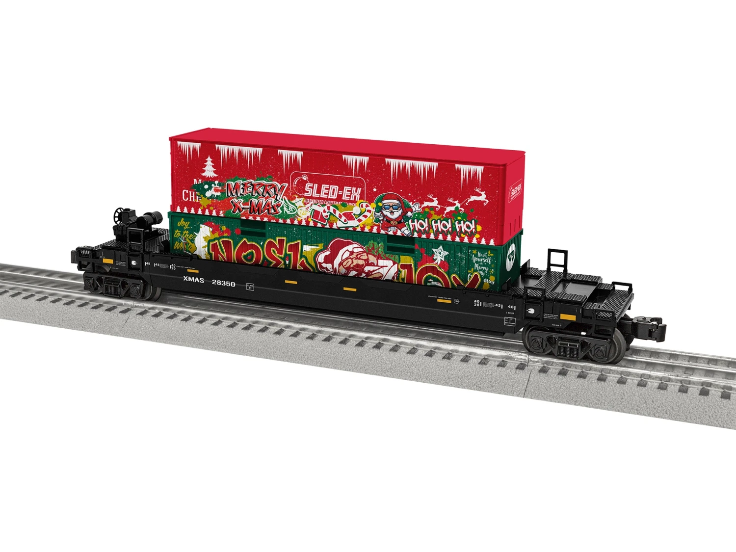 Lionel 2328350 O Gauge Christmas Graffiti Maxi Stack Well Car With Container Load 3 Lionel 2328350 O Gauge Christmas Graffiti Maxi Stack Well Car With Container Load